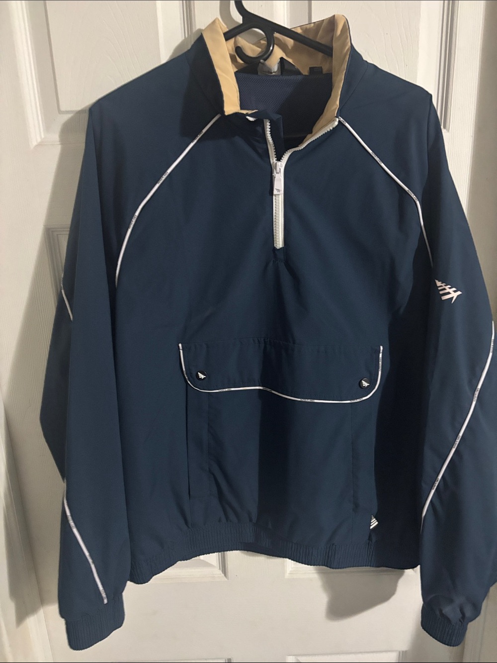 Men's Navy Pullover Shirt Jacket with Tan Collar